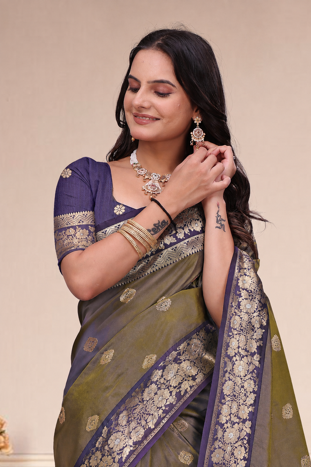 Olive Green and Purple Dual-Tone Silk Saree