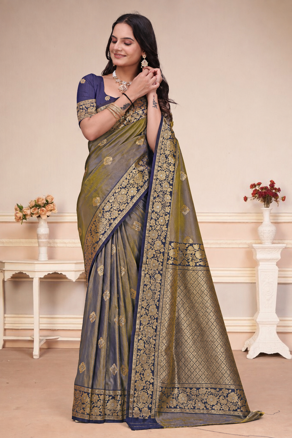 Olive Green and Purple Dual-Tone Silk Saree