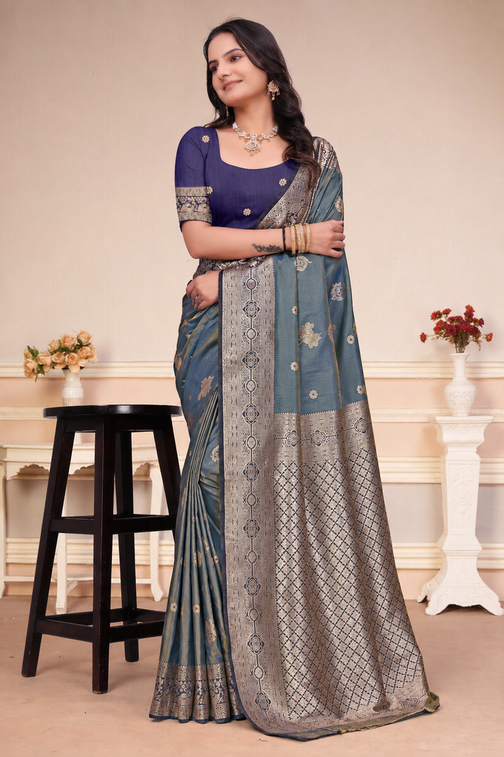Dusty Blue Silk Saree with Purple Blouse & Zari Pallu