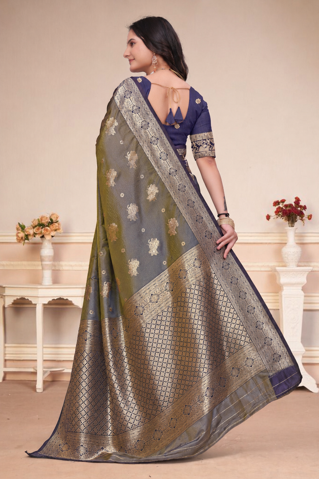 Dusty Blue Silk Saree with Purple Blouse & Zari Pallu