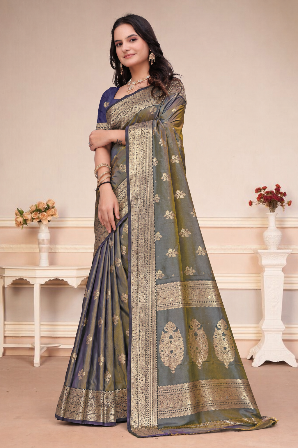 Olive Green and Purple Dual-Tone Silk Saree with Zari Work