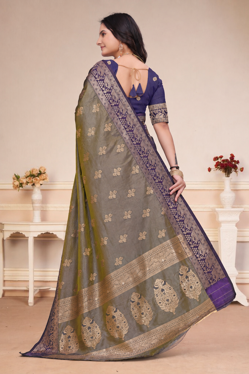 Olive Green and Purple Dual-Tone Silk Saree with Zari Work