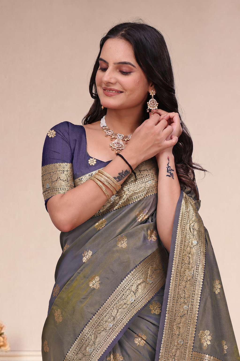 Olive Green and Purple Dual-Tone Silk Saree with Zari Work