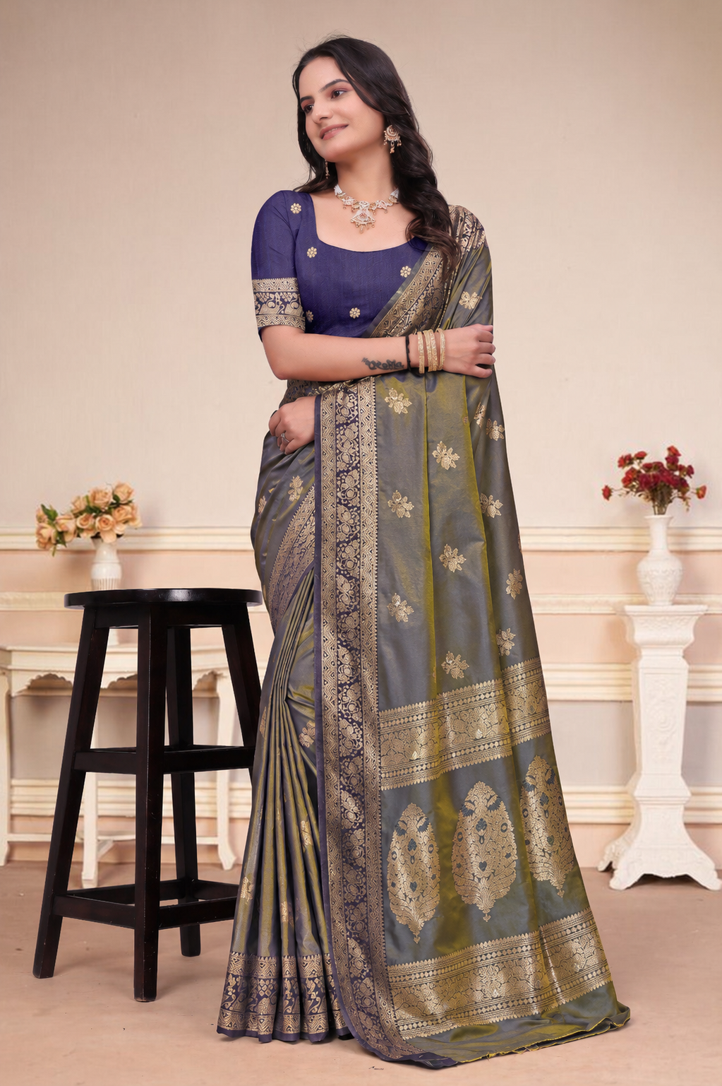 Olive Green and Purple Dual-Tone Silk Saree with Zari Work