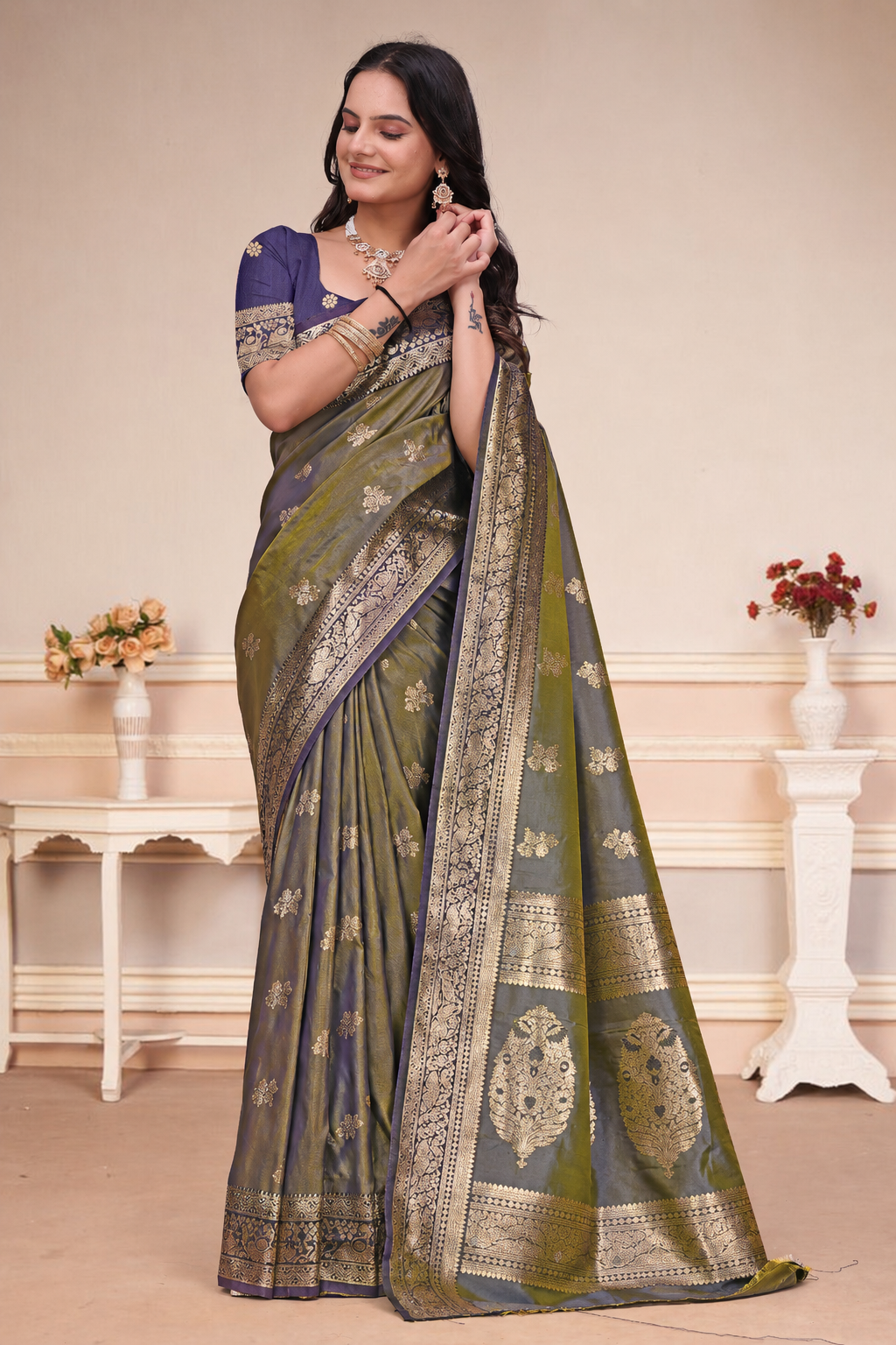 Olive Green and Purple Dual-Tone Silk Saree with Zari Work
