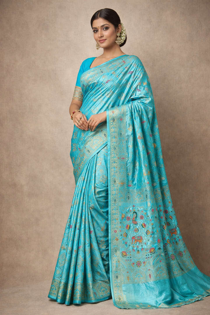Woman wearing a turquoise saree with a beige background