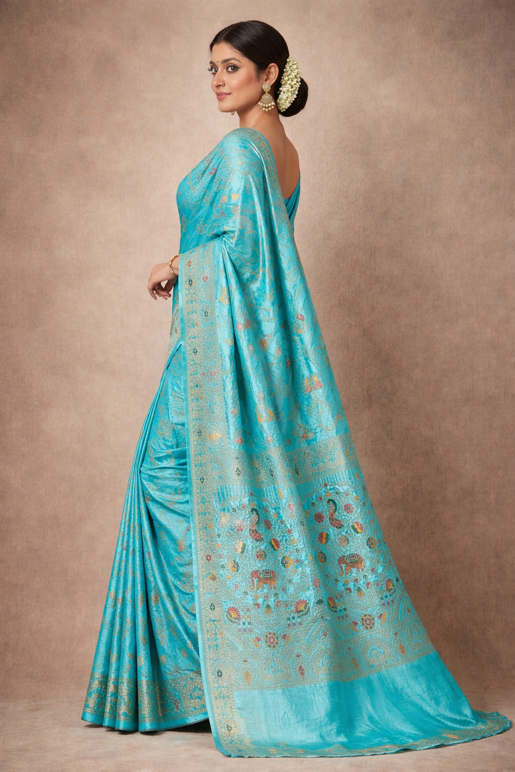 Royal Turquoise Blue Dola Silk Saree with Peacock & Elephant Woven Border