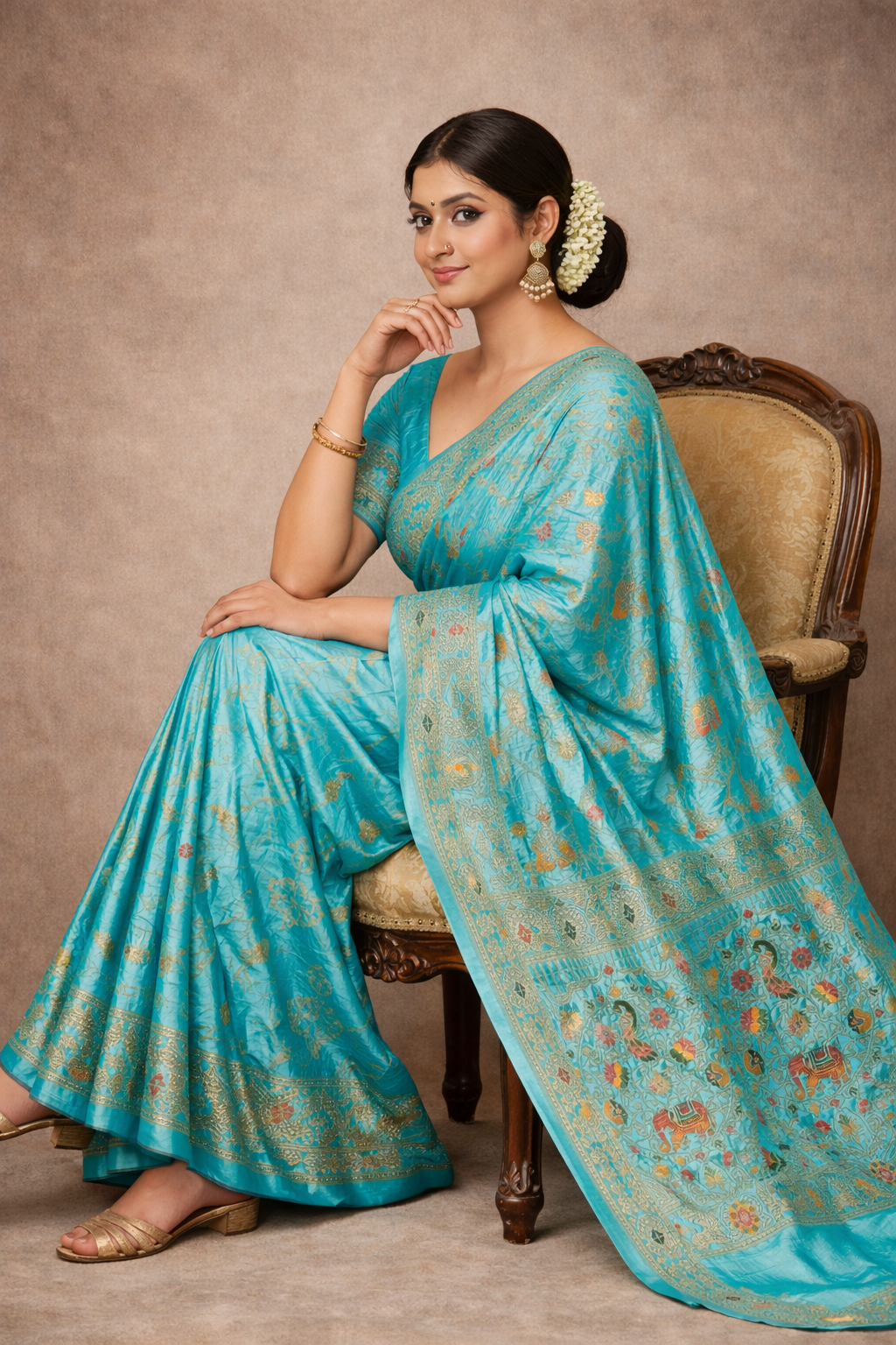Royal Turquoise Blue Dola Silk Saree with Peacock & Elephant Woven Border
