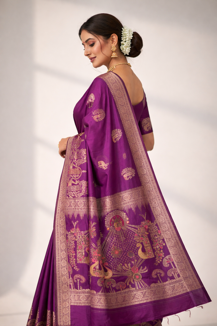 Royal Purple Dola Silk Saree with Peacock & Floral Garden Pallu