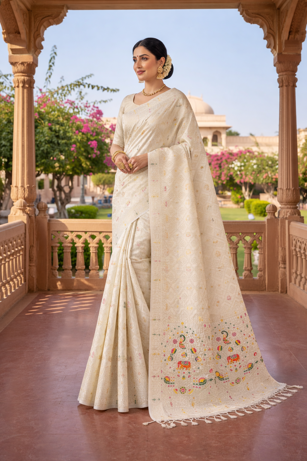 Woman in a cream saree with floral patterns standing on a balcony with architectural columns and greenery.