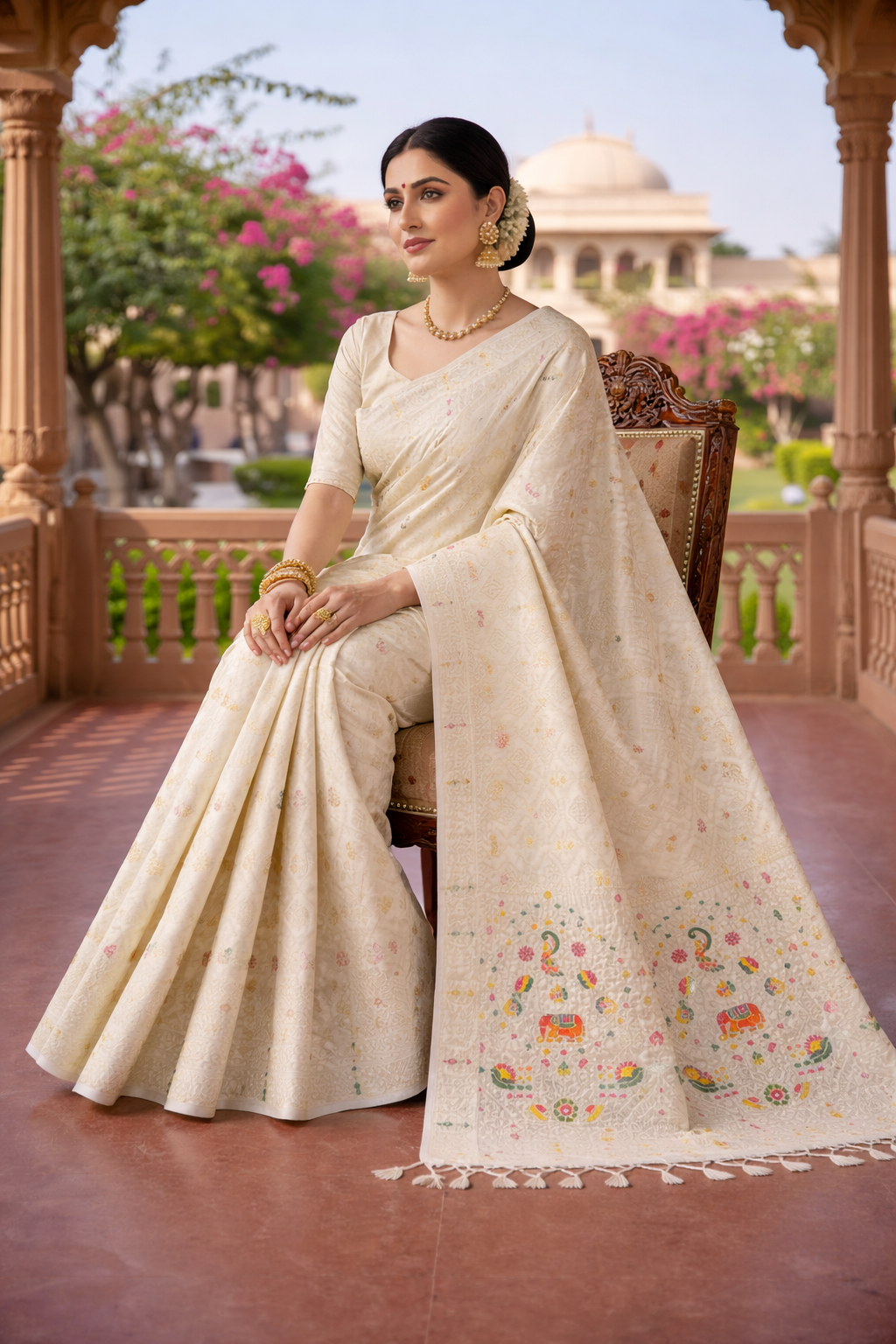 Elegant Off white Dola Silk Saree with Peacock & Elephant Woven Border