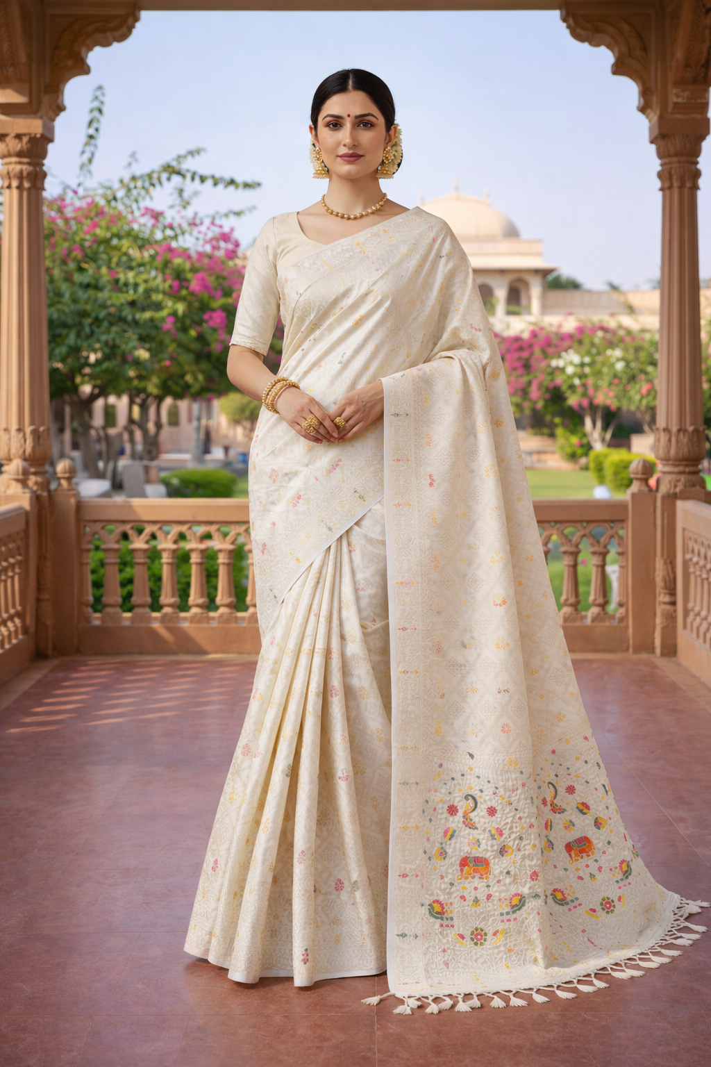 Elegant Off white Dola Silk Saree with Peacock & Elephant Woven Border