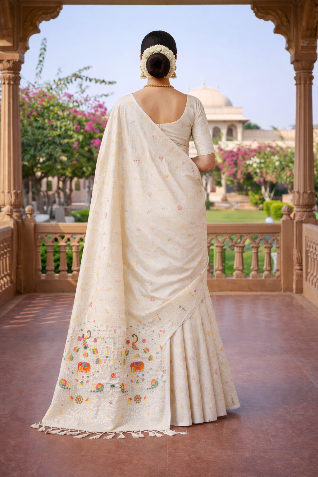 Elegant Off white Dola Silk Saree with Peacock & Elephant Woven Border