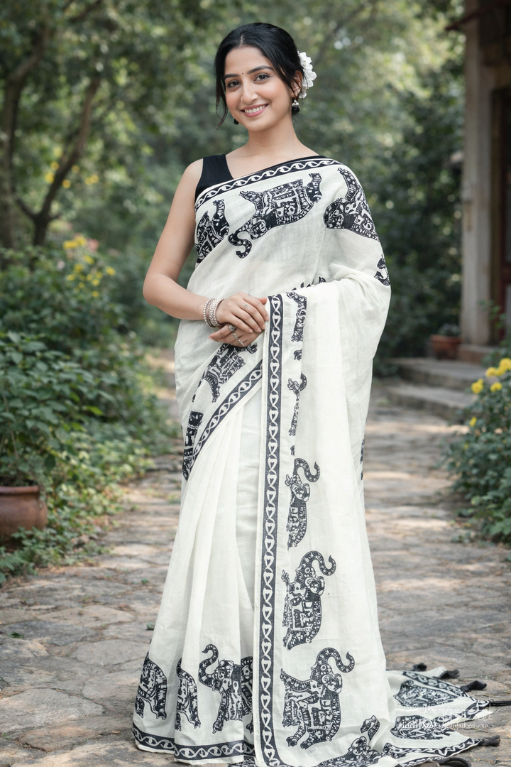 Elegant White Linen Cotton Saree with Black Gajraj Print