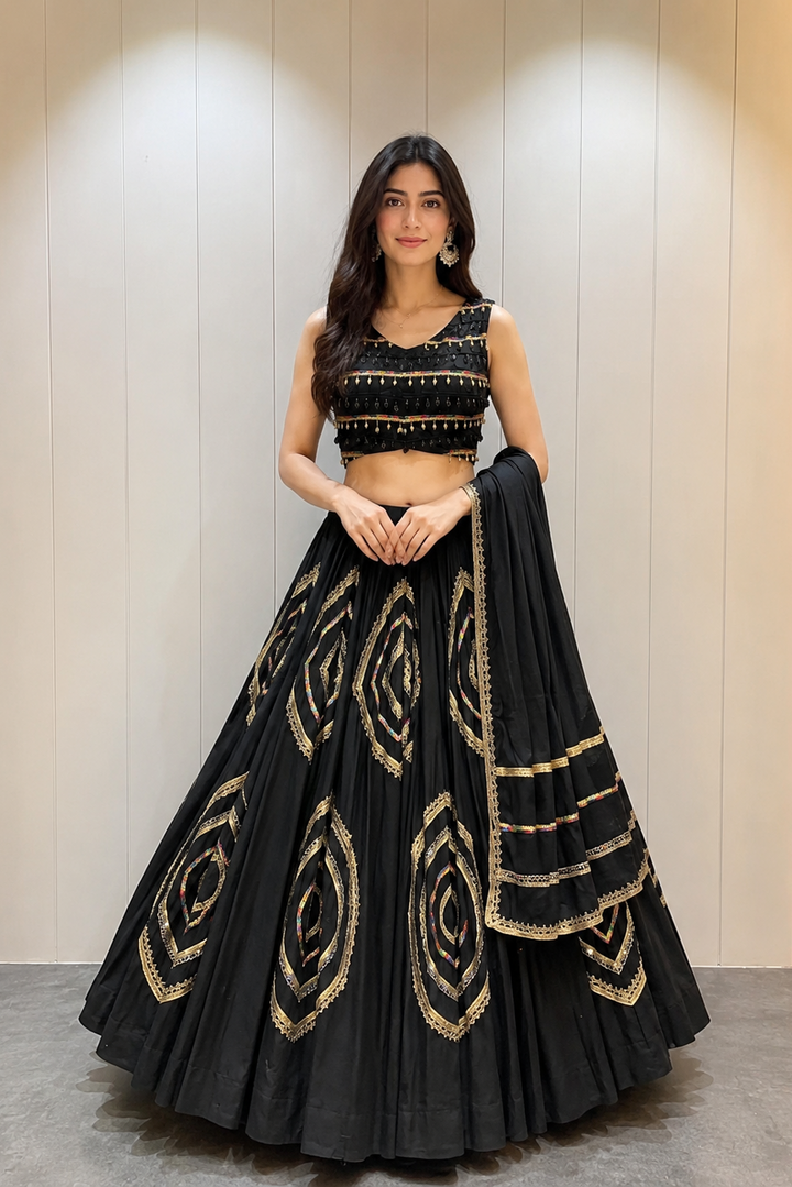 Women's Black Roman Cotton Navratri Lehenga Choli with Dupatta | Fancy Multi Lace Work | 6 Meter Flare Garba & Dandiya Festival Wear
