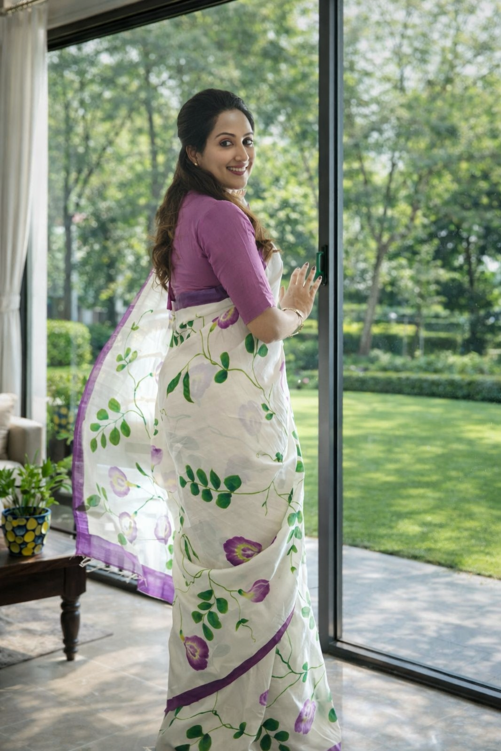 Lavender Bloom Linen Cotton Saree with Floral Vine Design