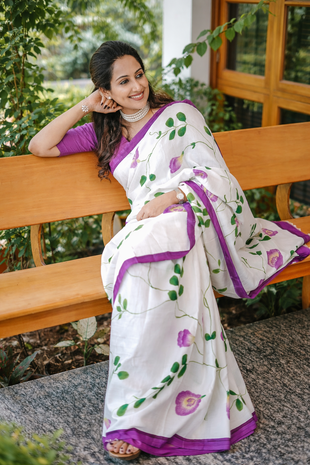 Lavender Bloom Linen Cotton Saree with Floral Vine Design