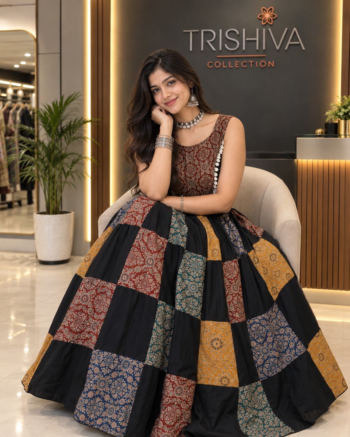 Women's Black Ajrakh Patchwork Khadi Cotton Stitched Lehenga with Ajrakh Cotton Shell Blouse | Ethnic Festive Wear