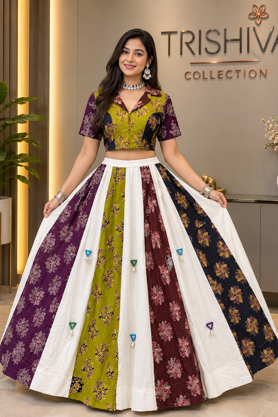 A woman models a three-piece traditional Indian ethnic wear set from Trishiva Collection, featuring a multicolor printed kurta, matching skirt, and a solid green blouse. The skirt has vertical panels of purple, olive green, white, maroon, and navy blue with floral patterns.