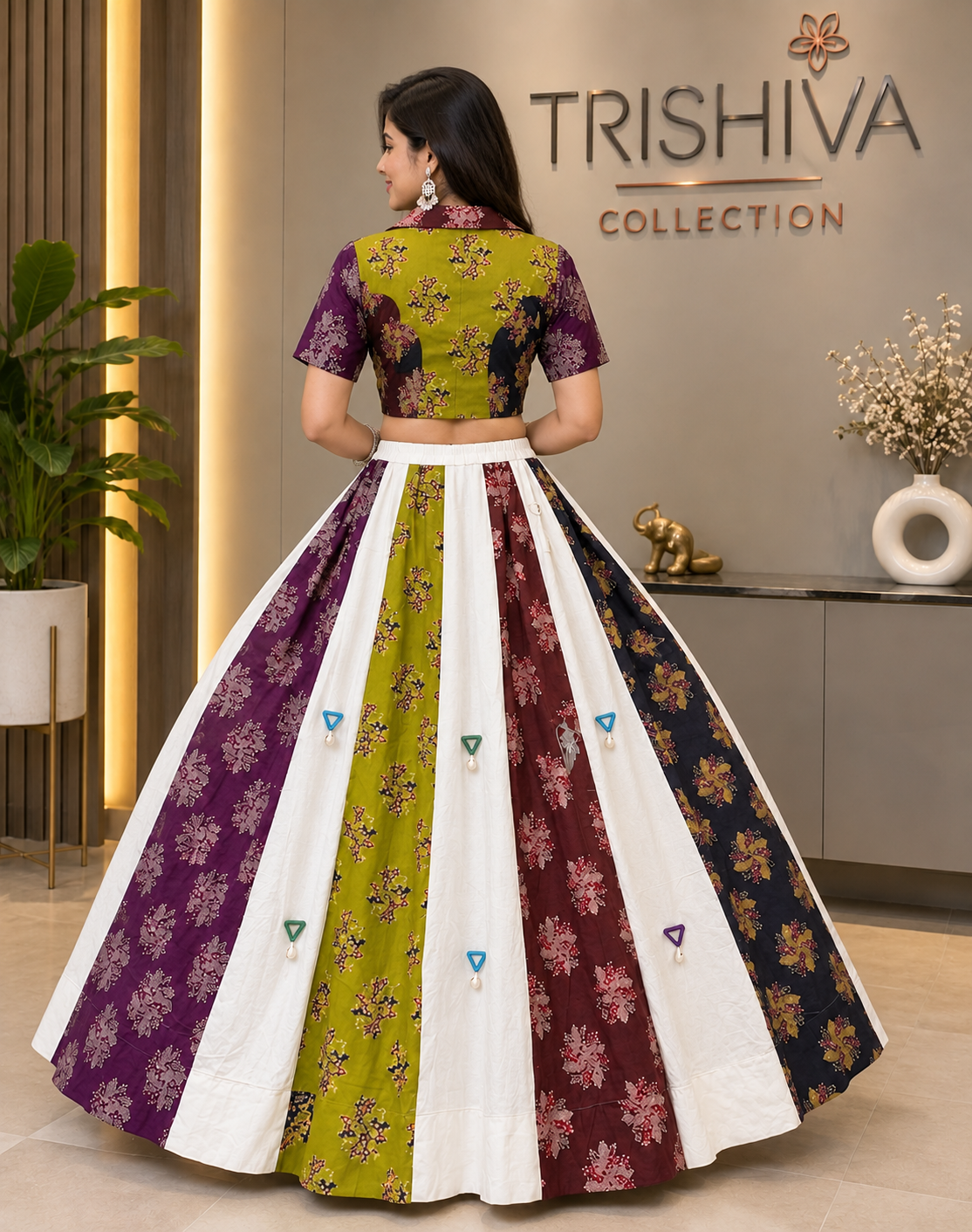 Multicolor Ajrakh Cotton Mirror Work Lehenga Set with Stitched Blouse
