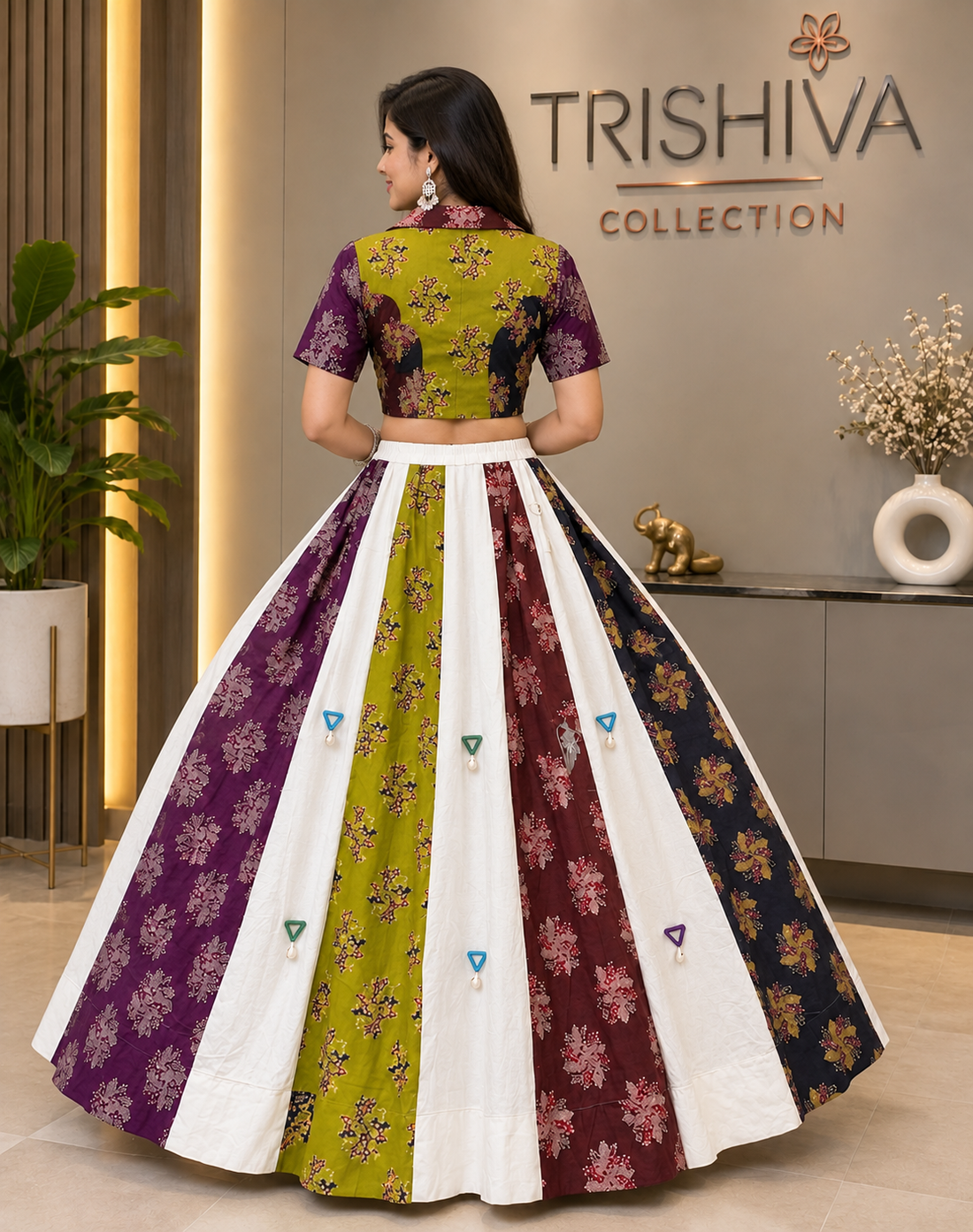 Multicolor Ajrakh Cotton Mirror Work Lehenga Set with Stitched Blouse