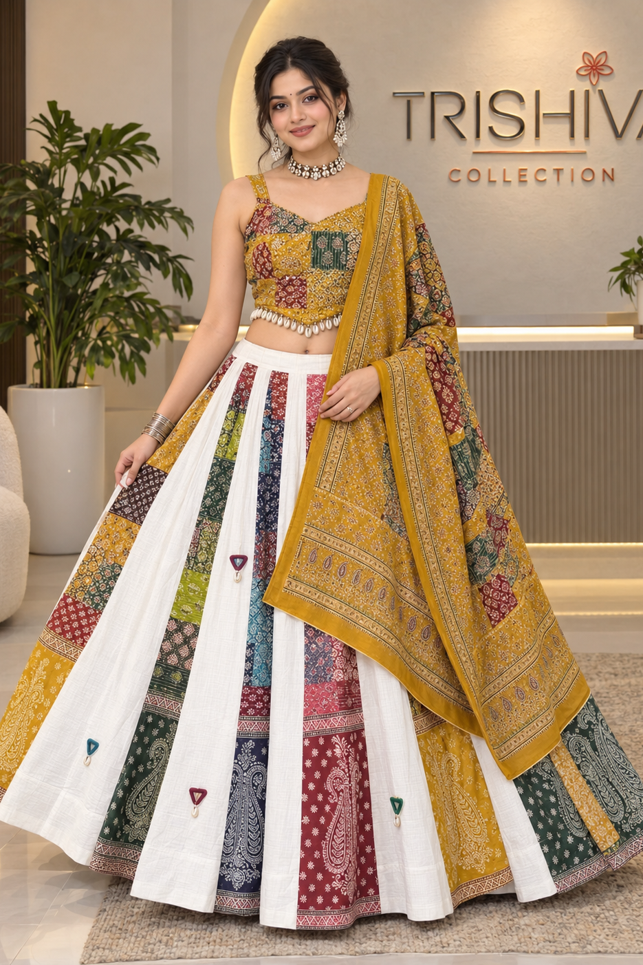 A woman models a traditional Indian ethnic wear set from Trishiva Collection, featuring a mustard yellow printed dupatta, a multicolor patchwork printed and white skirted lehenga choli, and a statement necklace. The brand logo 'TRISHIVA COLLECTION' is visible on the wall behind her.