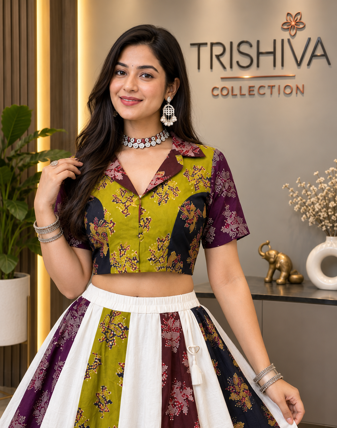 Multicolor Ajrakh Cotton Mirror Work Lehenga Set with Stitched Blouse