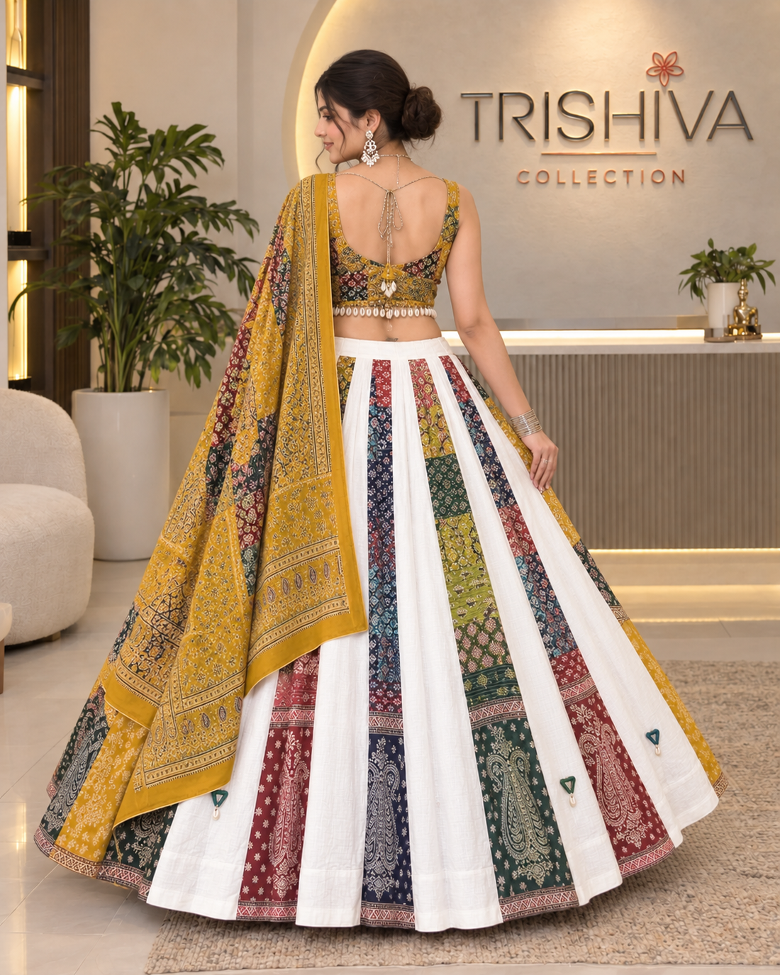 Mustard Ajrakh Cotton Lehenga Set with Shell Work, Stitched Blouse & Dupatta