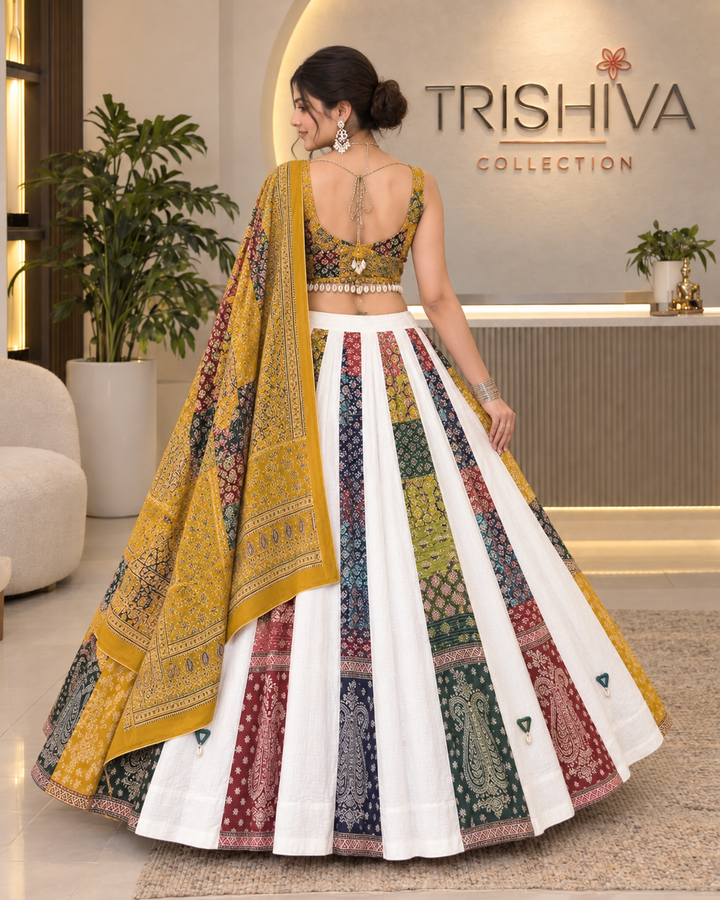 Mustard Ajrakh Cotton Lehenga Set with Shell Work, Stitched Blouse & Dupatta