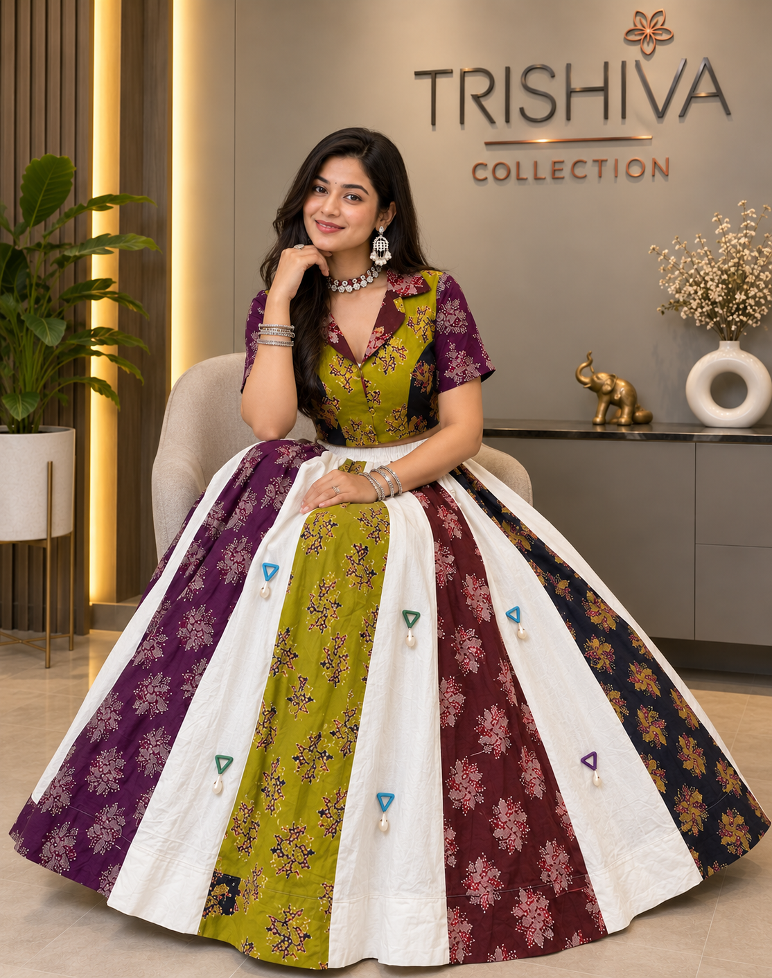 Multicolor Ajrakh Cotton Mirror Work Lehenga Set with Stitched Blouse