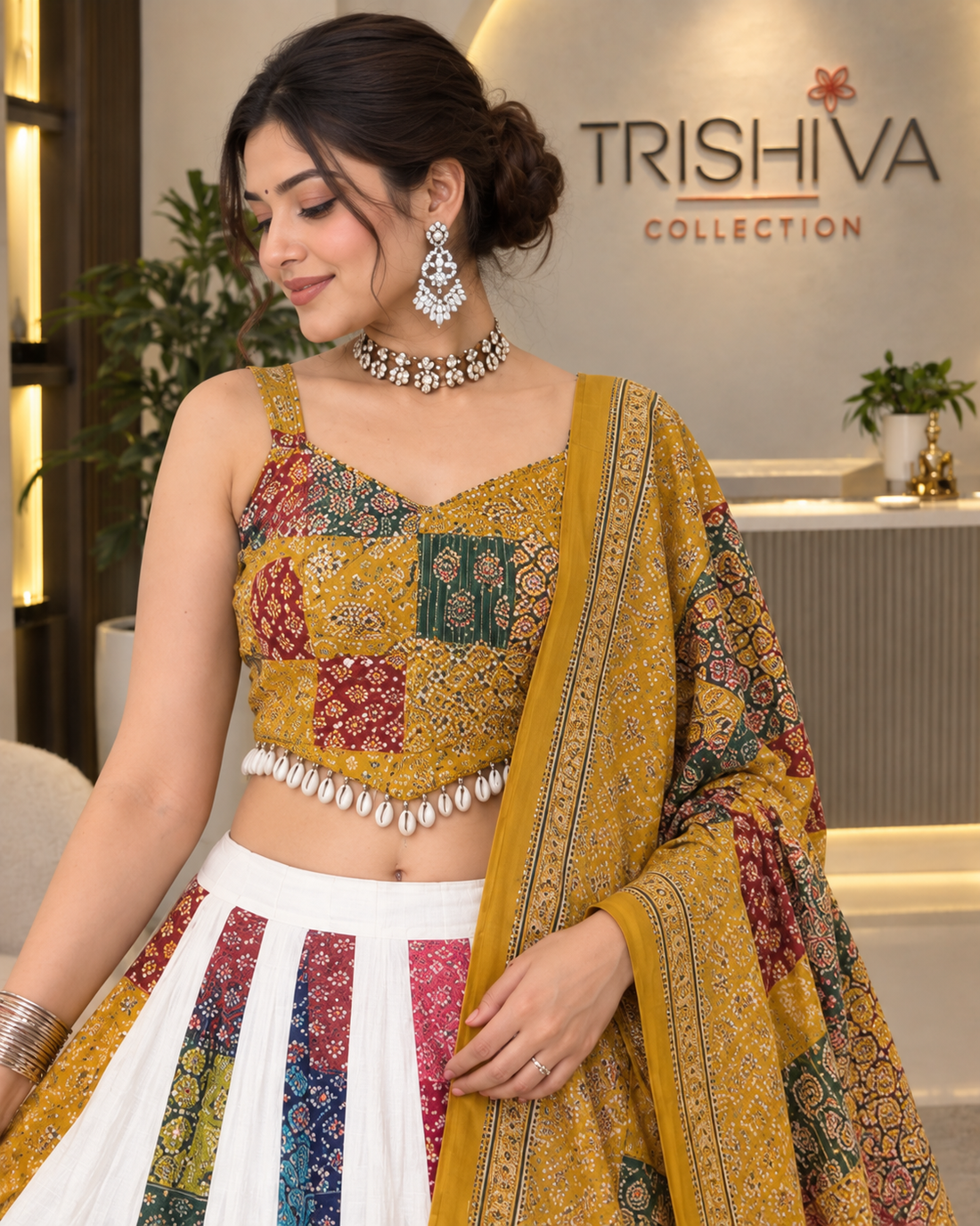 Mustard Ajrakh Cotton Lehenga Set with Shell Work, Stitched Blouse & Dupatta