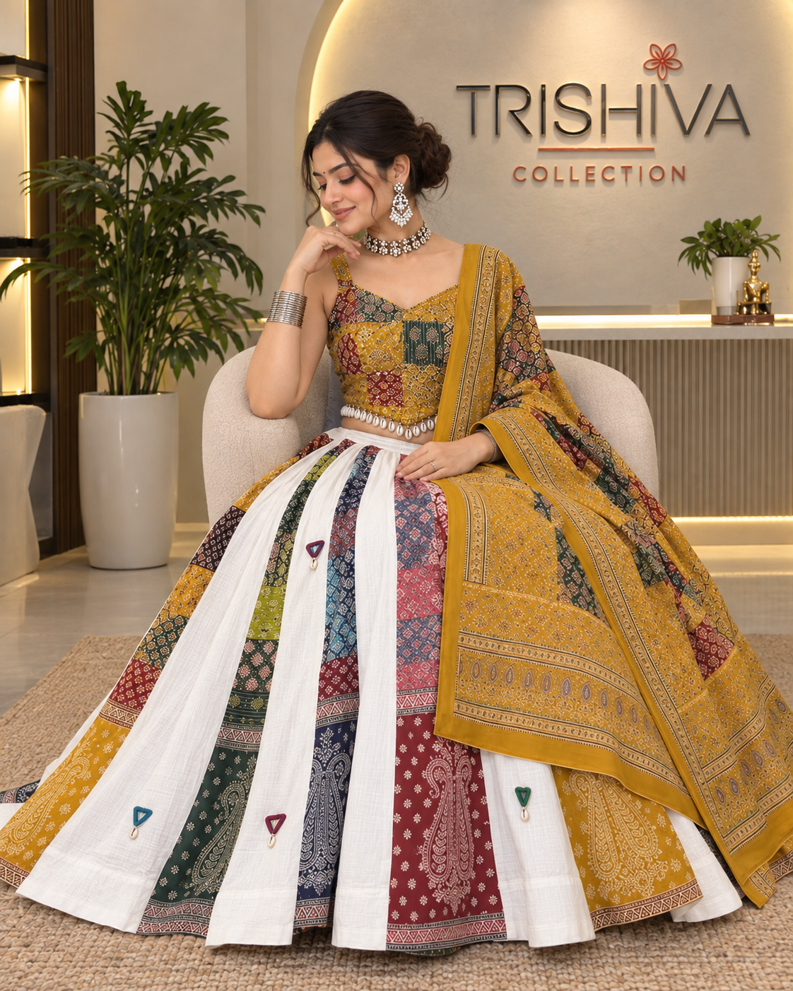 Mustard Ajrakh Cotton Lehenga Set with Shell Work, Stitched Blouse & Dupatta