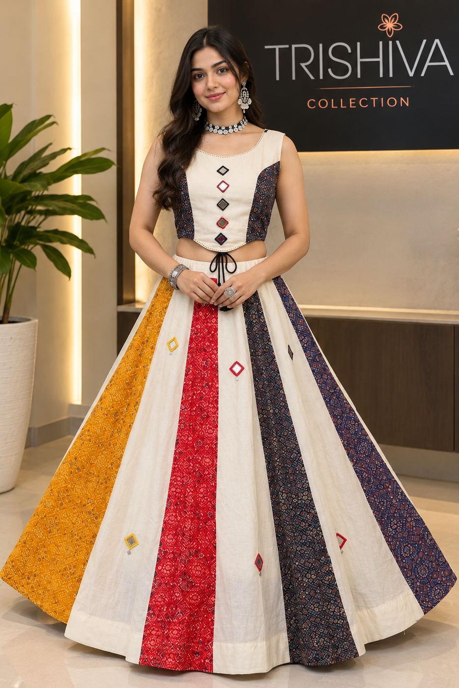 A woman models a sleeveless white lehenga choli dress with vertical multicolor patterned panels in yellow, red, and navy blue. The dress features geometric embroidered details on the bodice and scattered diamond motifs on the skirt.
