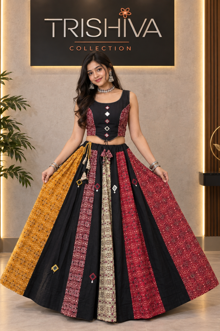 A woman models a Trishiva Collection sleeveless black lehenga choli with multicolor block-printed panels in red, gold, and beige. The background features a warm beige wall with vertical wood slats, a black sign with gold lettering, and a potted plant.