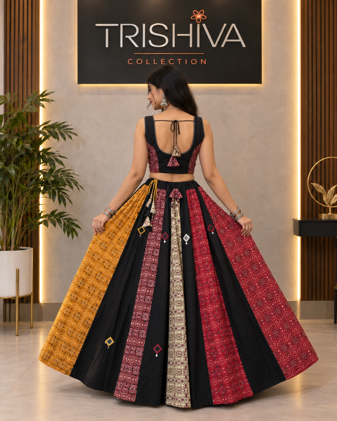 Black & Maroon Ajrakh Cotton Lehenga Set with Mirror & Ginni Work