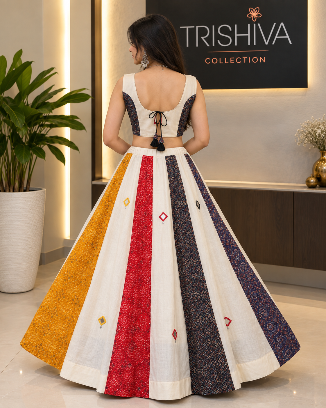 Multicolor Ajrakh Cotton Lehenga with Mirror &amp; Ginni Work – Stitched Ethnic Set