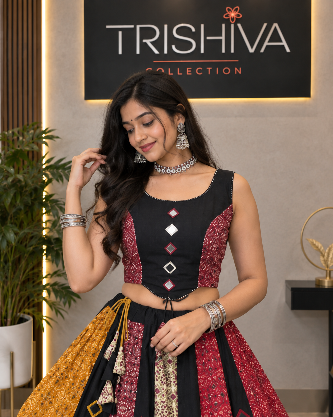 Black & Maroon Ajrakh Cotton Lehenga Set with Mirror & Ginni Work