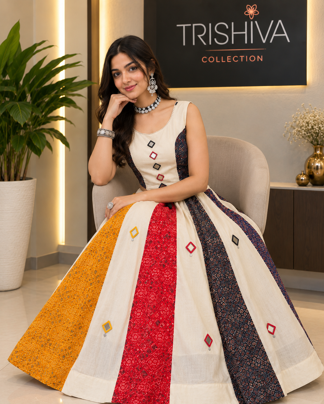Multicolor Ajrakh Cotton Lehenga with Mirror &amp; Ginni Work – Stitched Ethnic Set