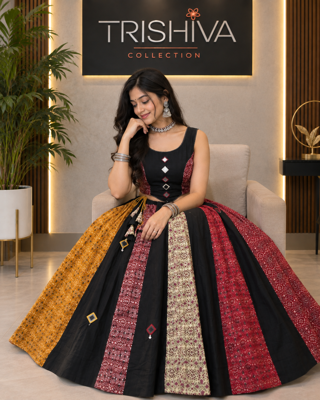 Black & Maroon Ajrakh Cotton Lehenga Set with Mirror & Ginni Work