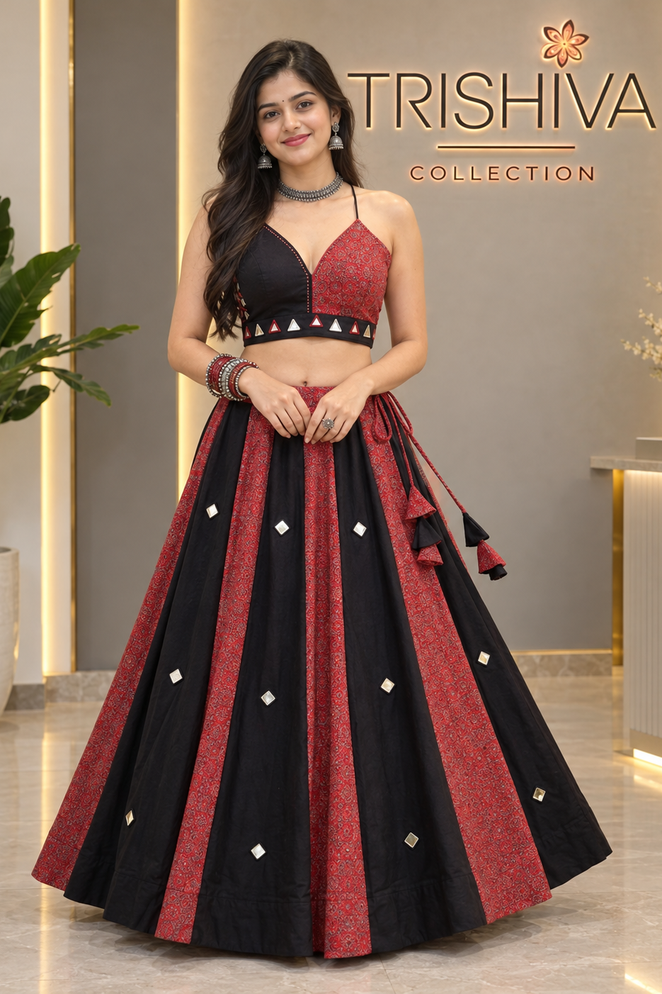 A woman models a black and red traditional Indian lehenga choli dress in a modern indoor showroom. The dress features a red and black patterned halter bodice with a black skirt that has red vertical stripes and small silver diamond-shaped embellishments.