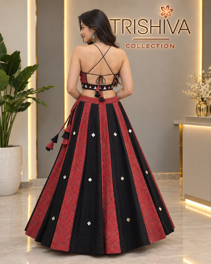 Black & Red Ajrakh Mirror Work Lehenga Choli