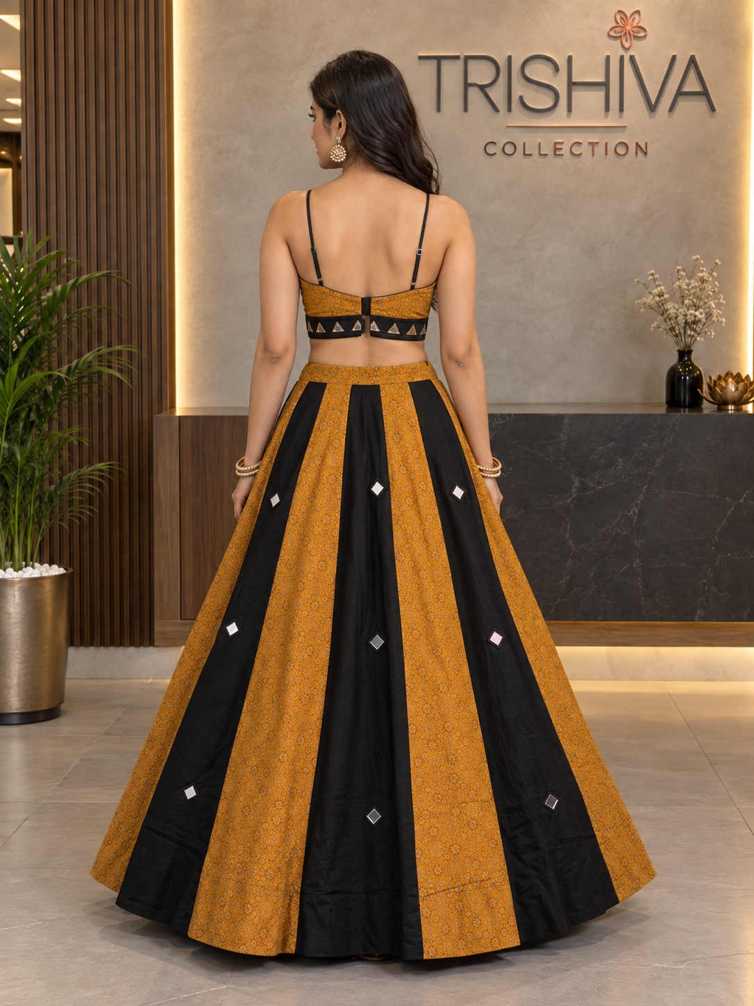 Black & Mustard Ajrakh Mirror Work Lehenga Choli