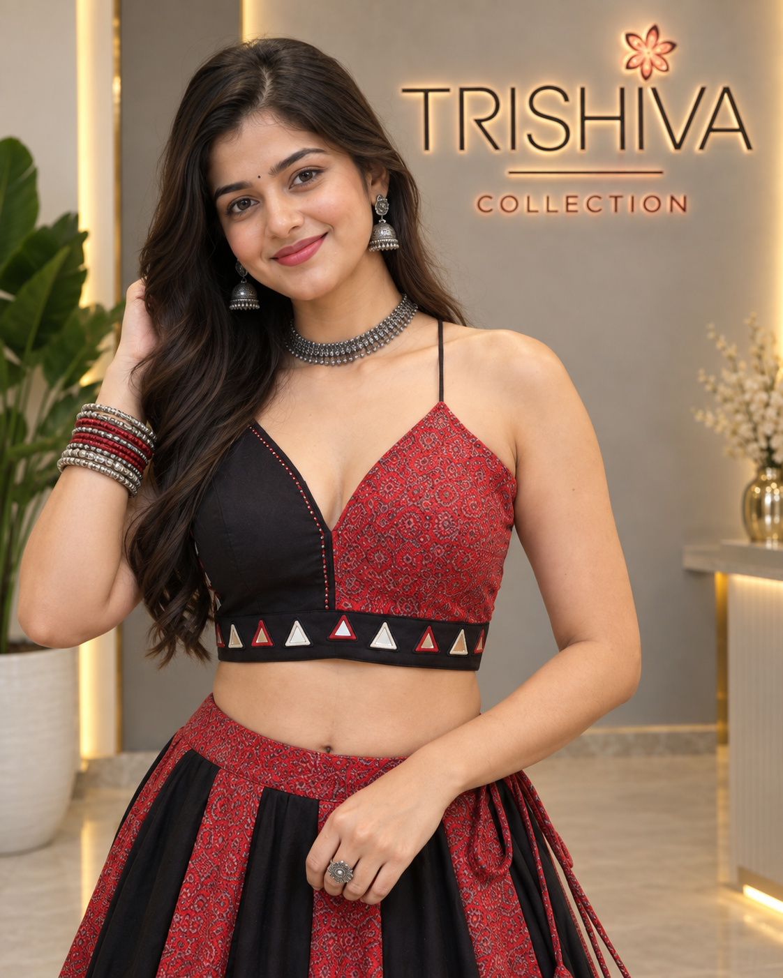 Black & Red Ajrakh Mirror Work Lehenga Choli