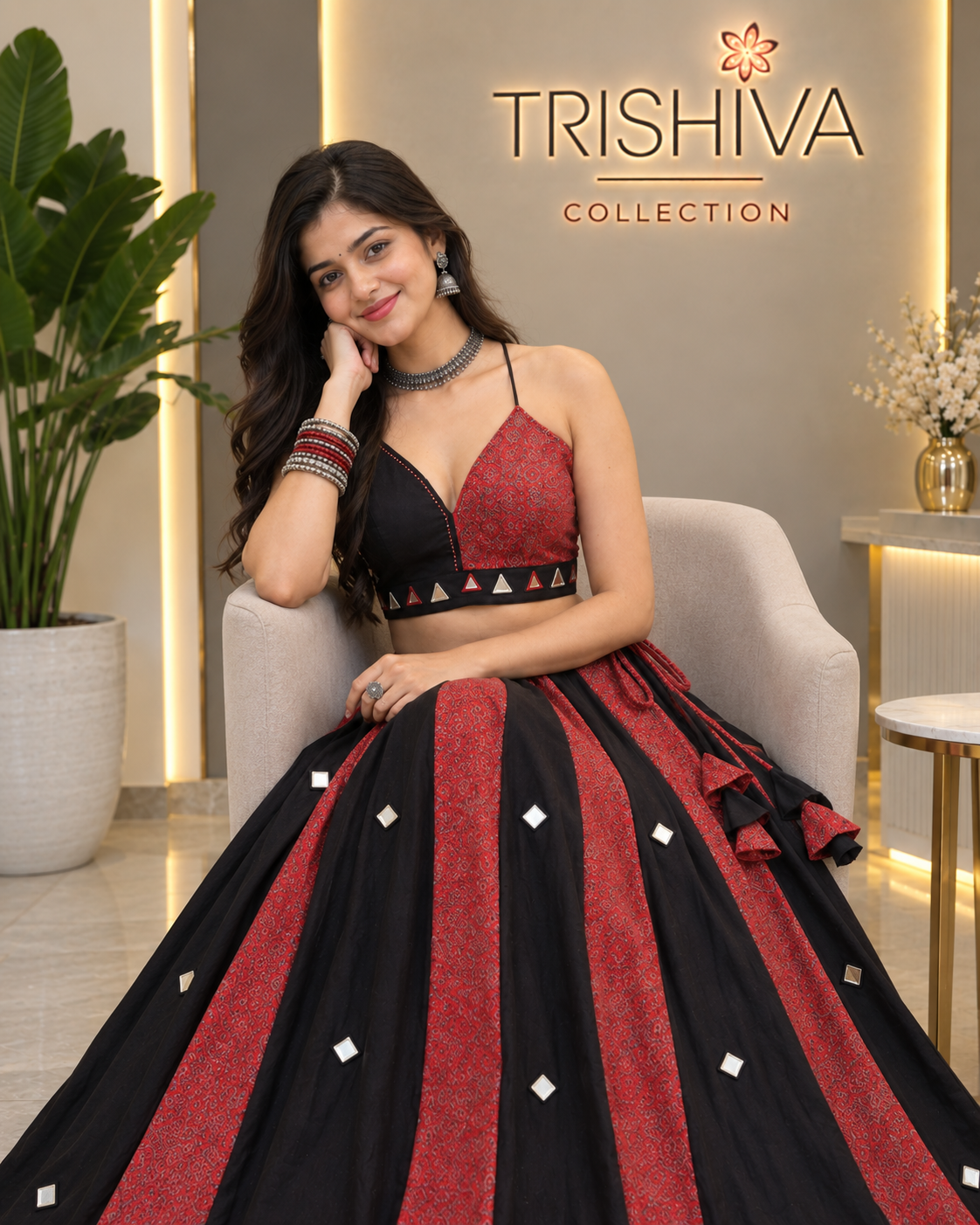 Black & Red Ajrakh Mirror Work Lehenga Choli