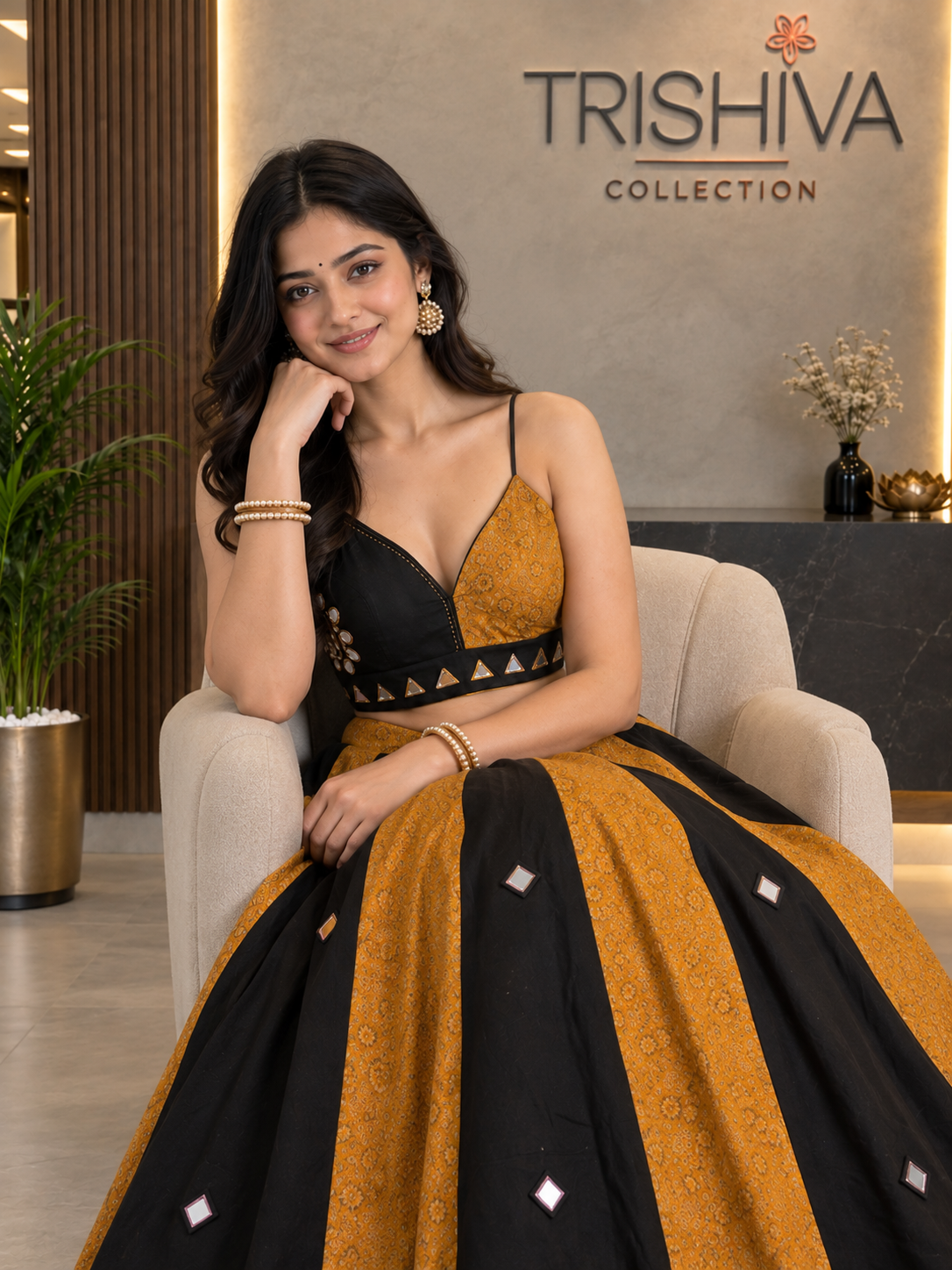 Black & Mustard Ajrakh Mirror Work Lehenga Choli