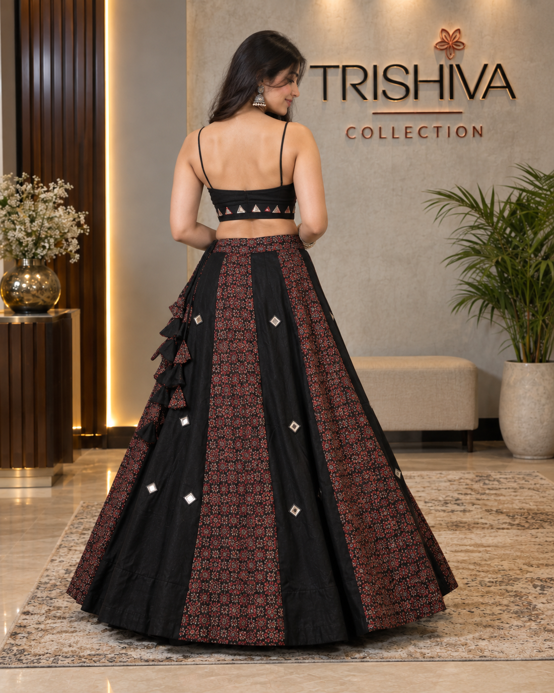 Black Ajrakh Mirror Work Lehenga Choli