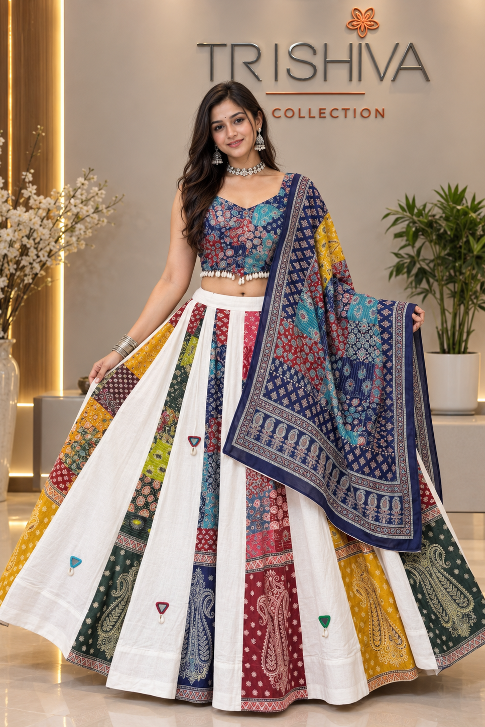 A woman models a colorful traditional Indian lehenga choli set in a boutique setting with 'TRISHIVA COLLECTION' on the wall behind her. The outfit features a heavily embroidered navy blue choli and a flared lehenga skirt with vertical panels of white, mustard yellow, red, green, and blue patterns, finished with a matching navy blue printed dupatta.