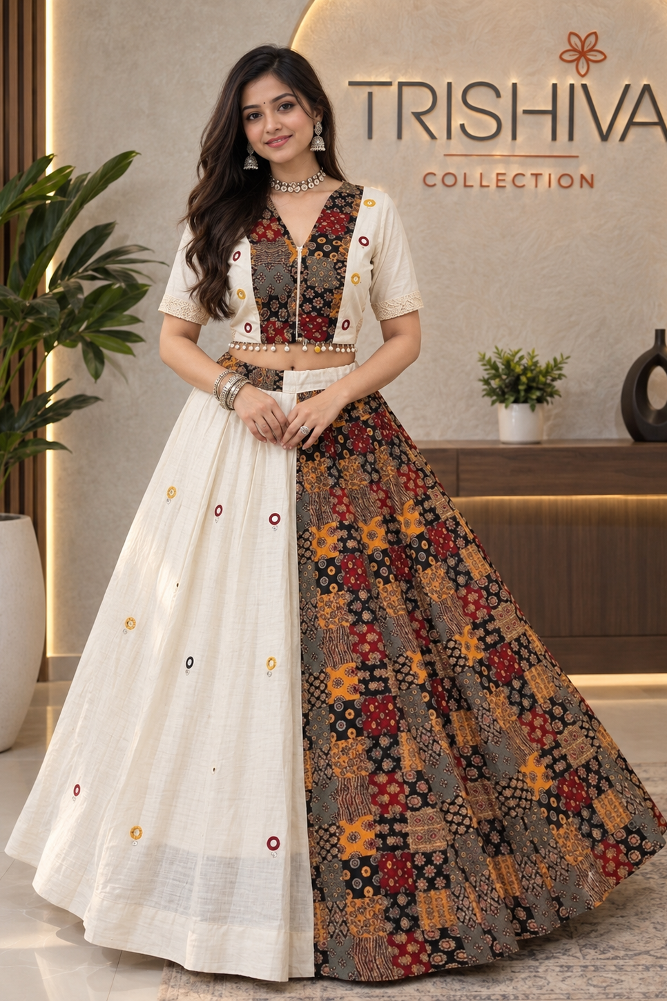 A woman models a traditional Indian lehenga choli dress from the Trishiva Collection. The dress features a cream-colored skirt with small embroidered dots on one side and a highly detailed, multicolored patchwork patterned skirt on the other.