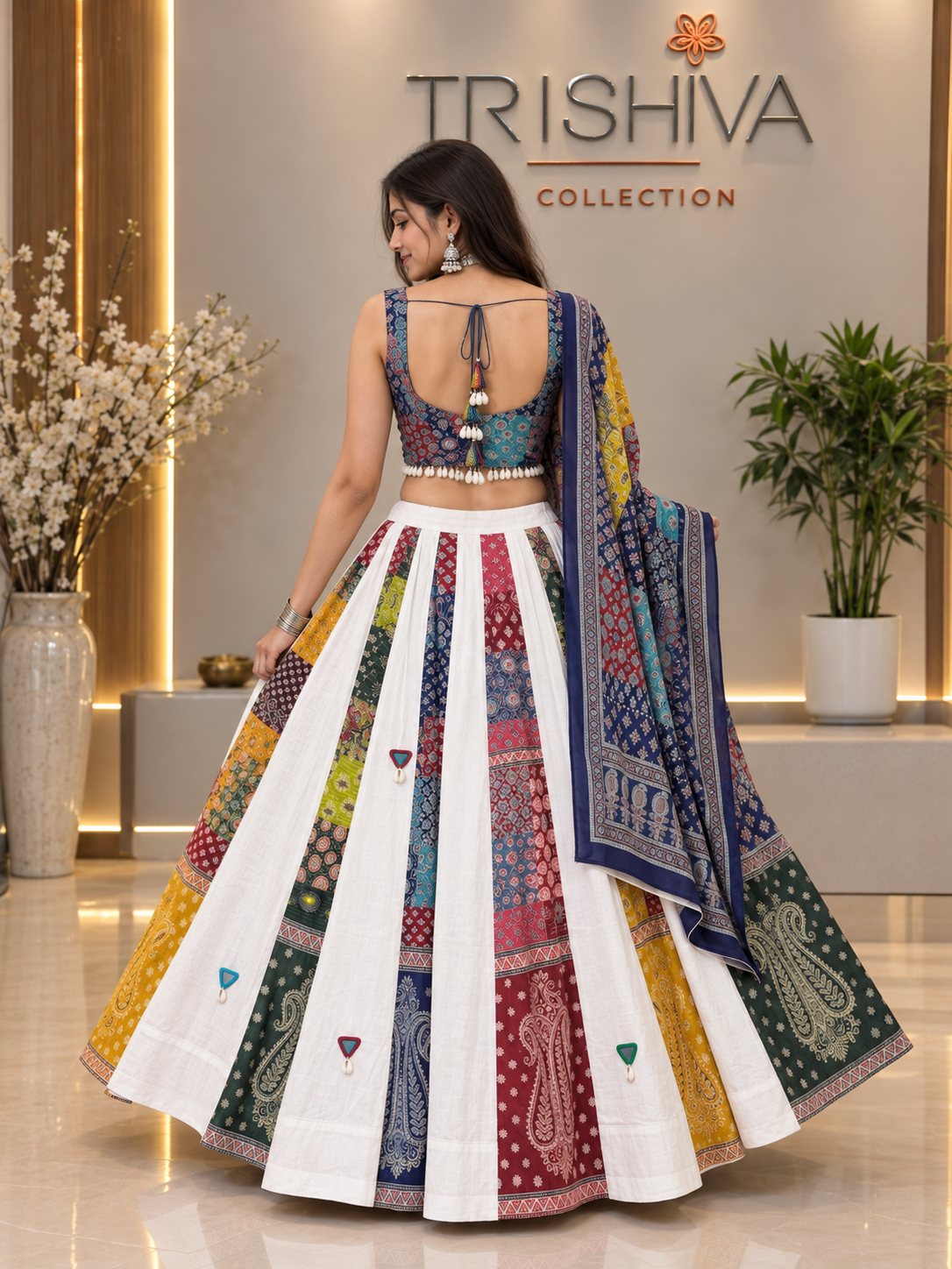 Multicolor Ajrakh Cotton Lehenga Set with Handcrafted Shell Work & Dupatta