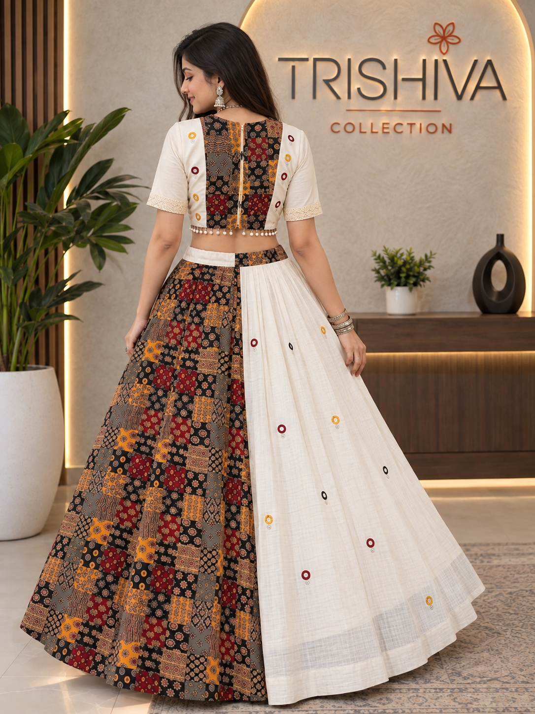 White & Multicolor Ajrakh Mirror Work Lehenga Choli